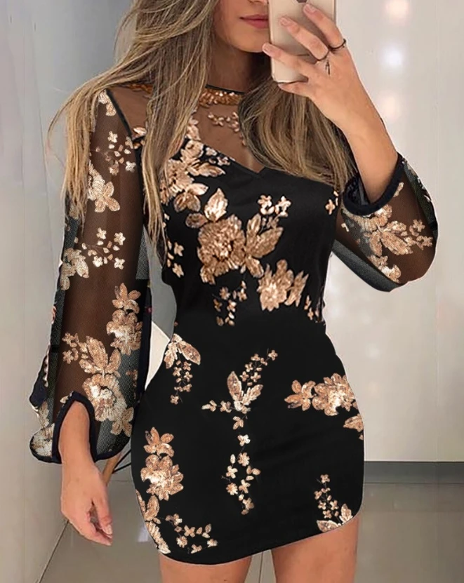 

Casual Dresses for Women 2023 Autumn Fashion Party Round Neck Fashion Party Floral Pattern Contrast Sequin Sheer Mesh Sexy Dress