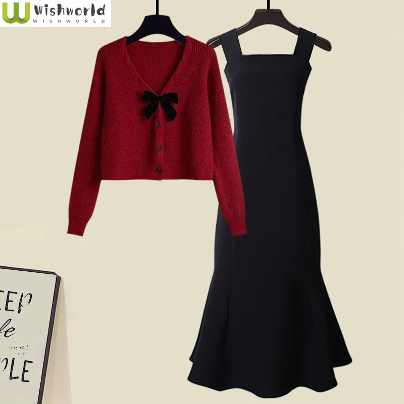 

Spring and Autumn Set Women's 2023 New Korean Sweetheart Style Knitted Sweater Style Dress Two Piece Set Fashion