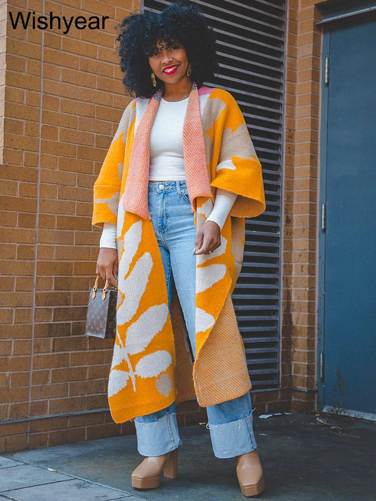 

Elegant Streetwear Printed Knitted Long Cardigan for Women Winter Half Sleeve Open Stitch Side Split Loose Jackets Birthday Coat