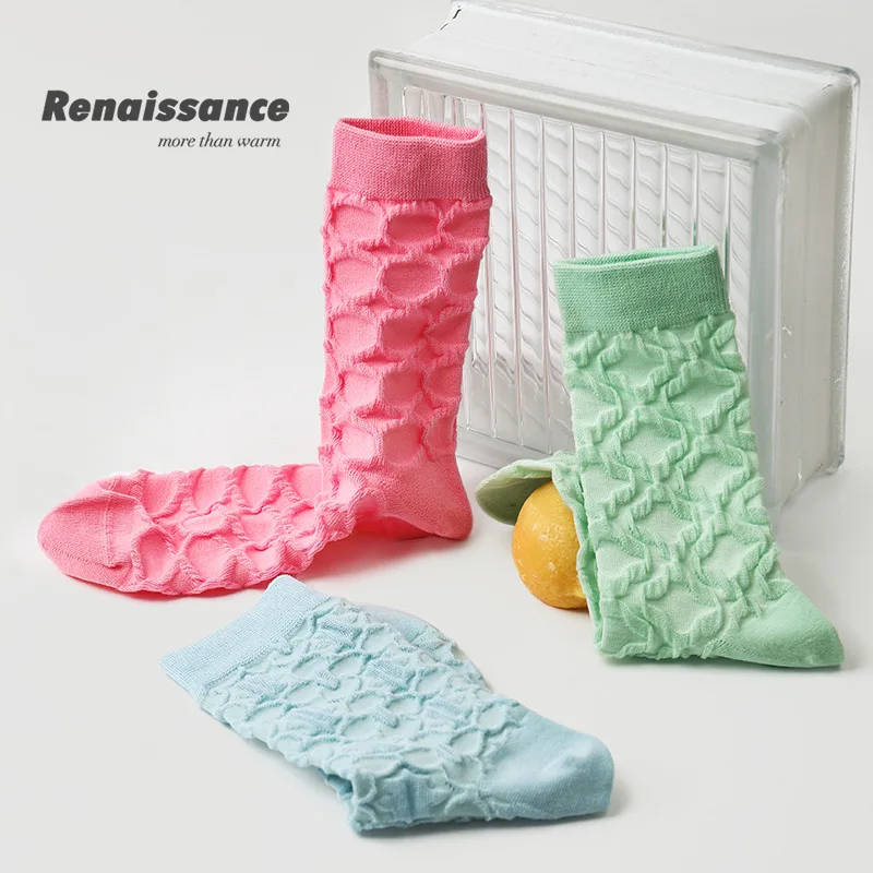 

3 Pairs/Lot Renaissance Original Women Girl 3D Knitting Pure Candy Color Cotton Socks Spring Summer Autumn Mid Tude Ins Fashion