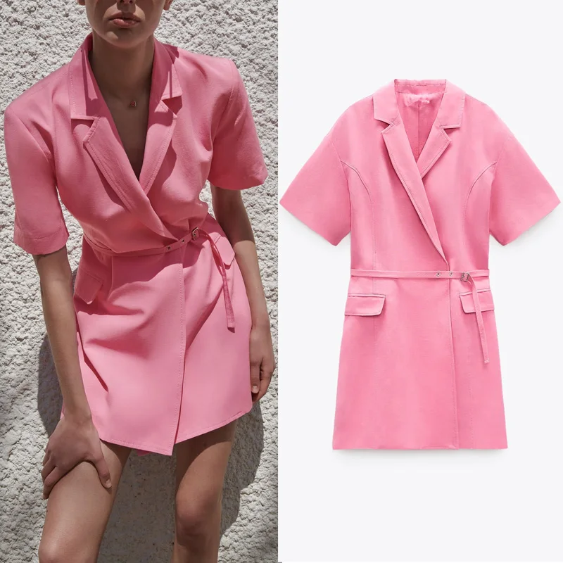 Blazer Dress Woman 2021 Pink Wrap Short Summer Women Dresses Belt Short Sleeve Mini Dress Elegant Casual Dresses