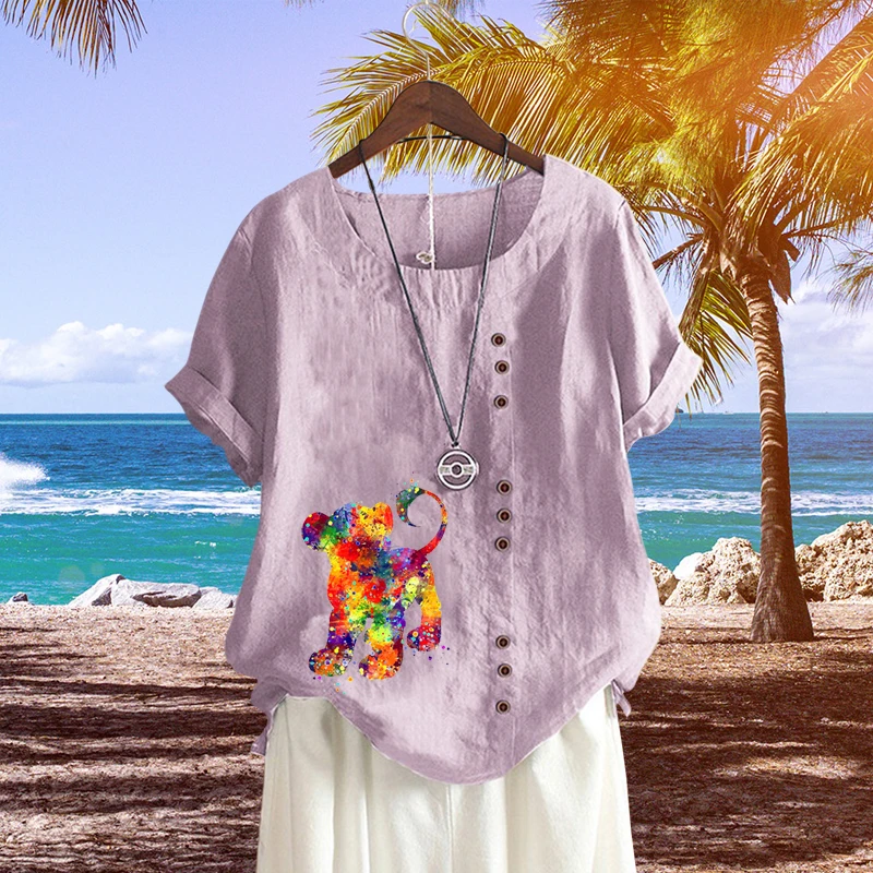 

Женский свободный пуловер с коротким рукавом и круглым вырезом, из хлопка и льна