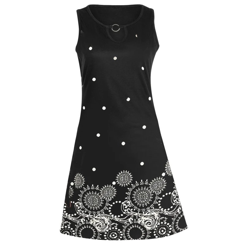 

Women Ethnic Polka Dot Floral Print Midi for Tank Dress Boho Sleeveless Round Neck Keyhole O-Ring A-Line Flared Sundress