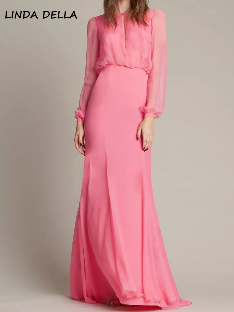 

LINDA DELLA Runway Summer Fashion Designer Pink Romance Vintage Maxi Long Dress Women Lantern Sleeve Sexy Hollow Out Slim Dress