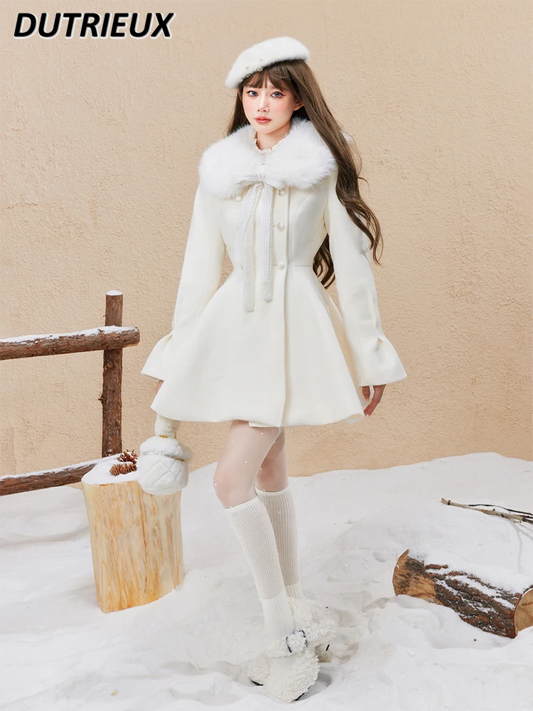 Осенне-зимнее новое шерстяное пальто с меховым воротником на талии милое