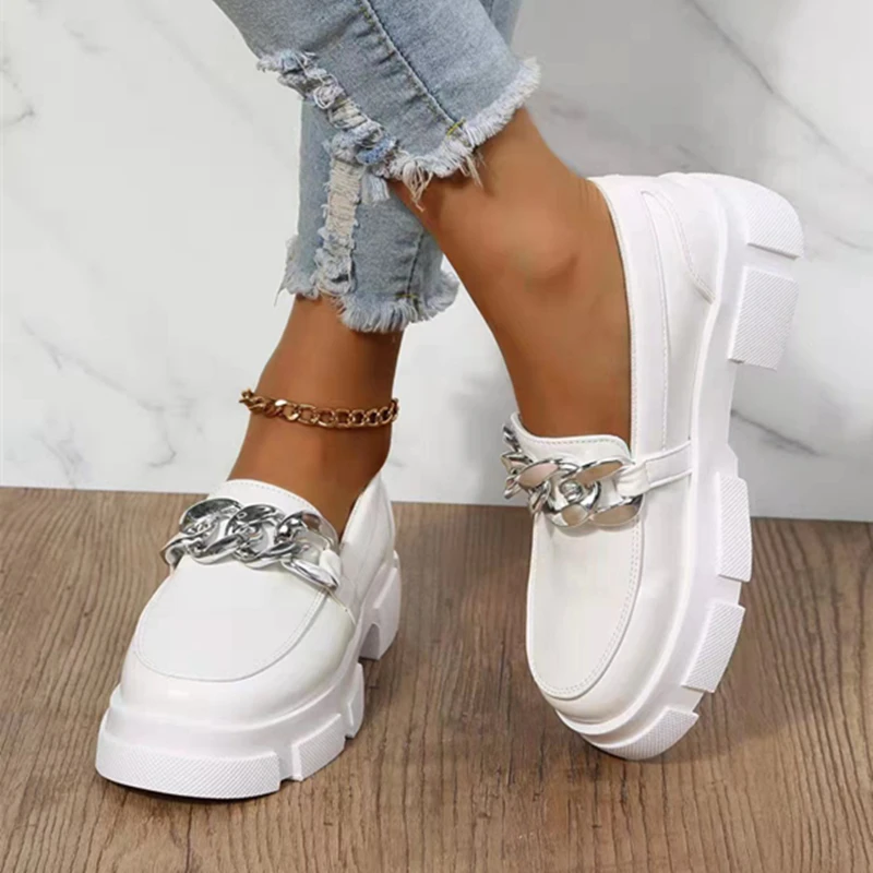 

Casual Sneakers Color-blocking Thick-soled Pumps Metal Chain Decoration Heightening Slip-on Women's Shoes 2022 The New