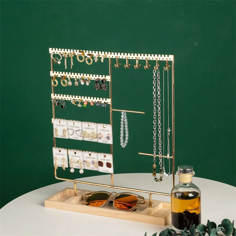

Металлическая подставка для демонстрации сережек и браслетов, большая емкость, съемная деревянная основа, вешалка для хранения сережек и ожерелий, полка для ювелирных изделий