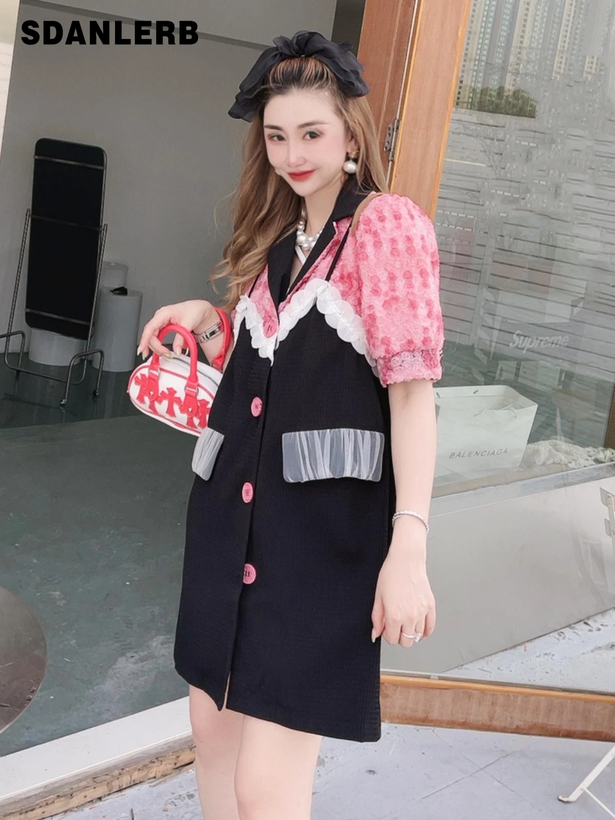 

Fake Two-Piece Stitching Suit Dress Women's Summer Gentle Loose Elegant Mid-length Dress Slimming Short Sleeve Dresses