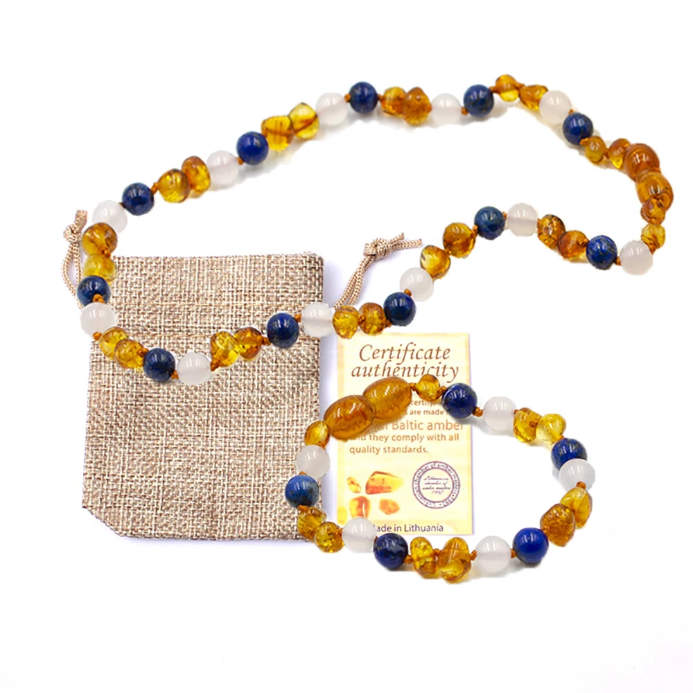 

Natural Baltic Teething Ambers Bracelet/Necklace for Men Women Natural Lapis Lazuli Stone/Whiteagate and Cognac Amber Jewelry