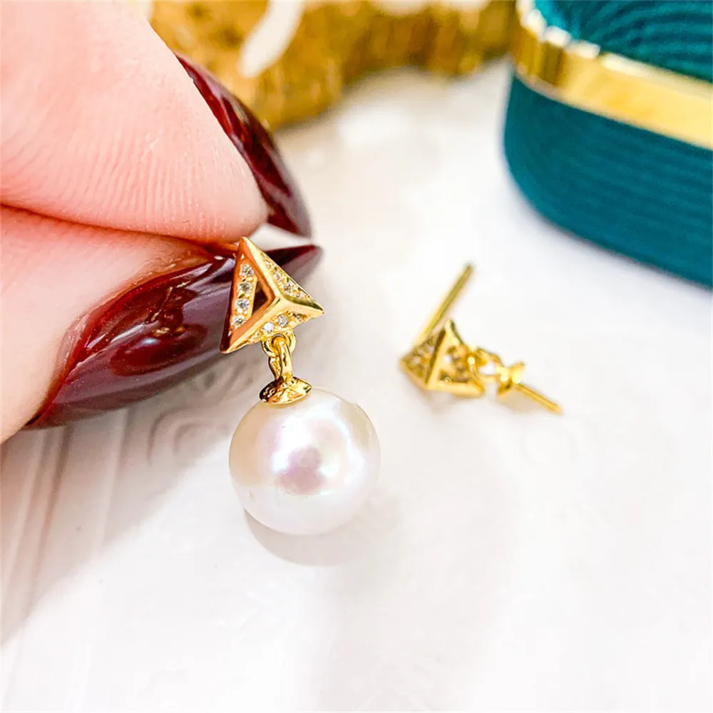 

DIY pearl earrings accessories S925 sterling silver jewelry triangle earrings female empty holder Fit 8-12mm beads
