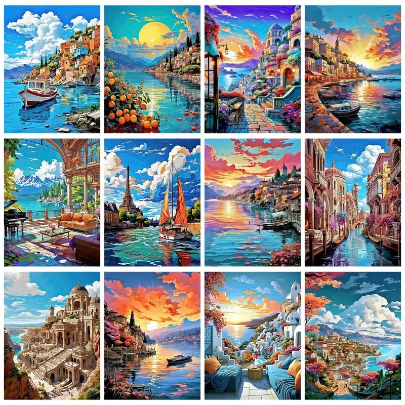 

RUOPOTY 60x75cm Painting By Numbers Frame Coloring On Numbers Sea Town Landscape Diy Gift Picture Drawing Paint Kit Handicrafts