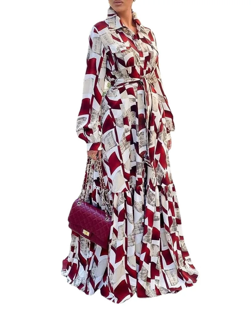 

Long Sleeve Polyester African Dresses for Women Autumn African Women Long Sleeve Printing V-neck Long Dress Maxi Dress S-3XL
