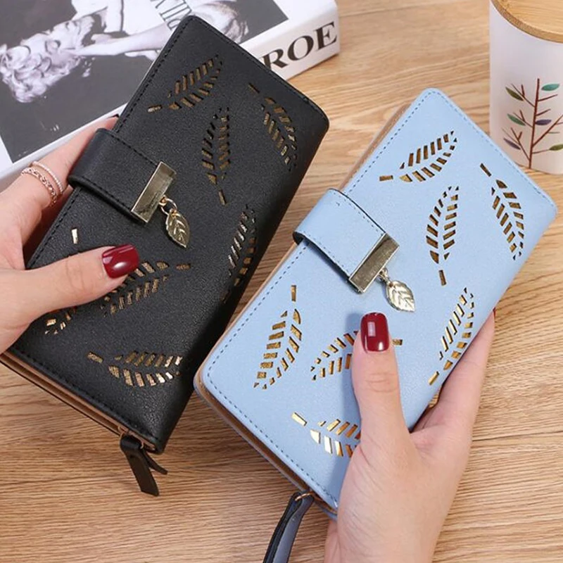 

Женский Длинный кошелек, кошелек с золотыми полыми листьями, кошелек из искусственной кожи, сумочка для дам, однотонный кошелек для мелочи, ...