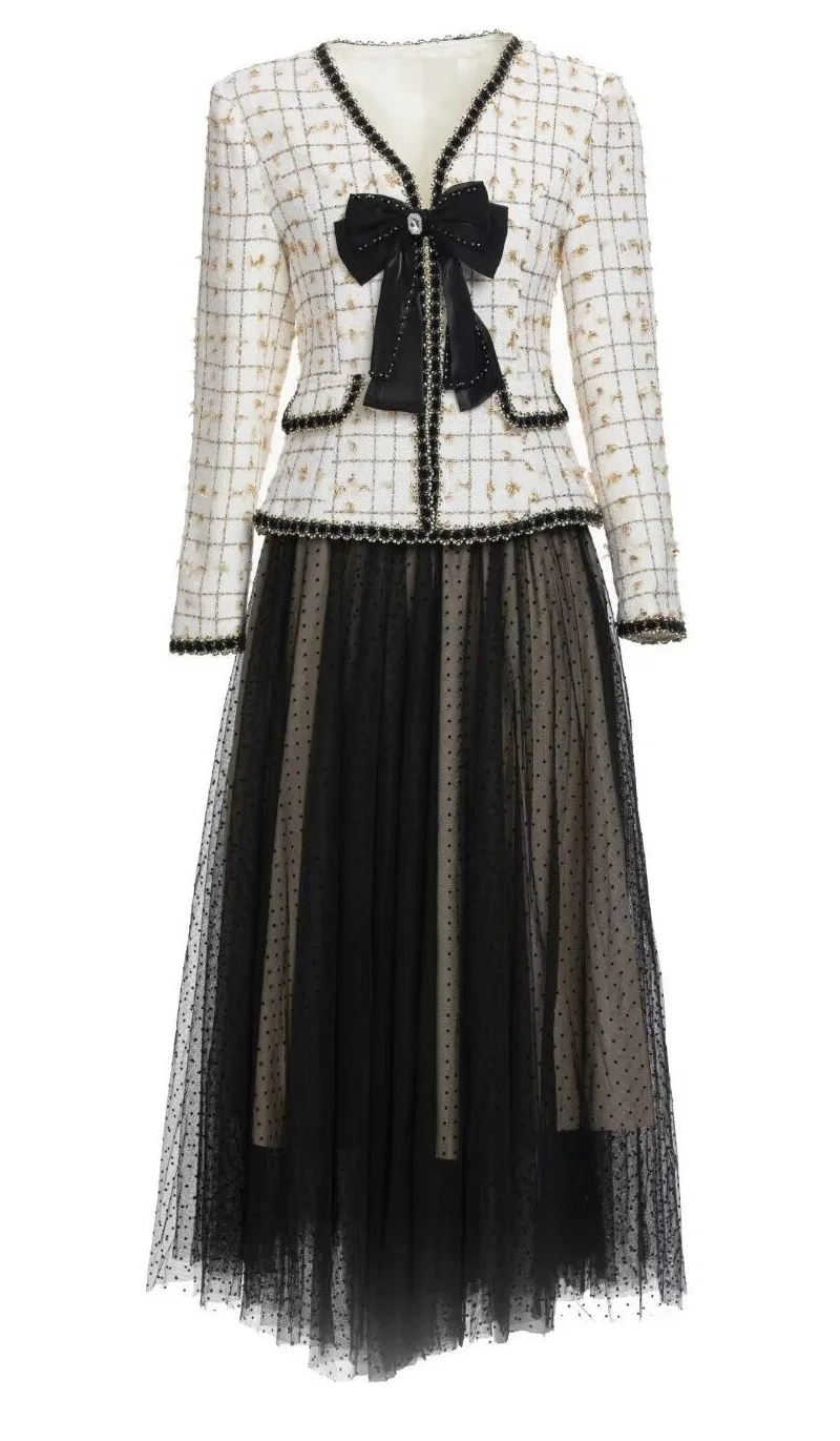 2022 Autumn Winter Fashion 2 Piece Tweed Wool Sets High Quality Women Beading Bow Deco Wool Coat+Polka Dot Print Long Mesh Skirt
