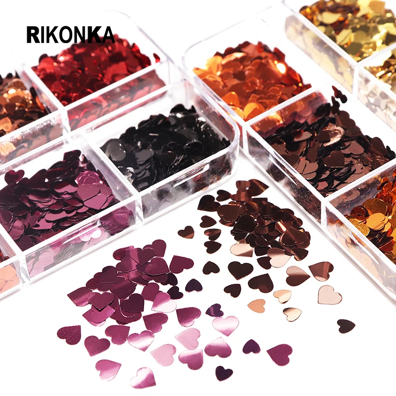 

6 Grids Valentines Design Nail Sequins Kit For Nail Art Decoration Mixed Love Heart Glitter Flakes Manicure Polish Accessories