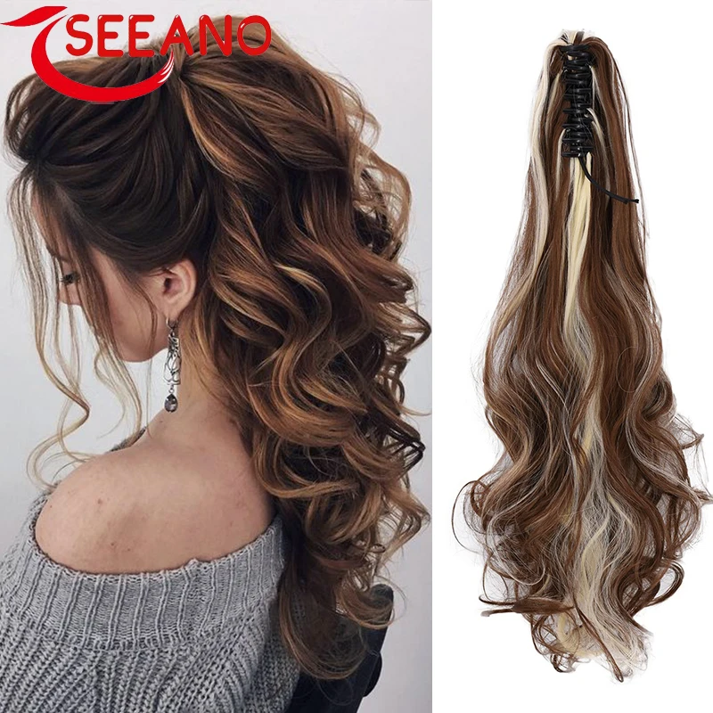 

SEEANO Synthetic Long Curly Claw Clip On Ponytail Hair Extensions Red Heat Resistant Jaw Clip Pony Tail Hairpiece For Women