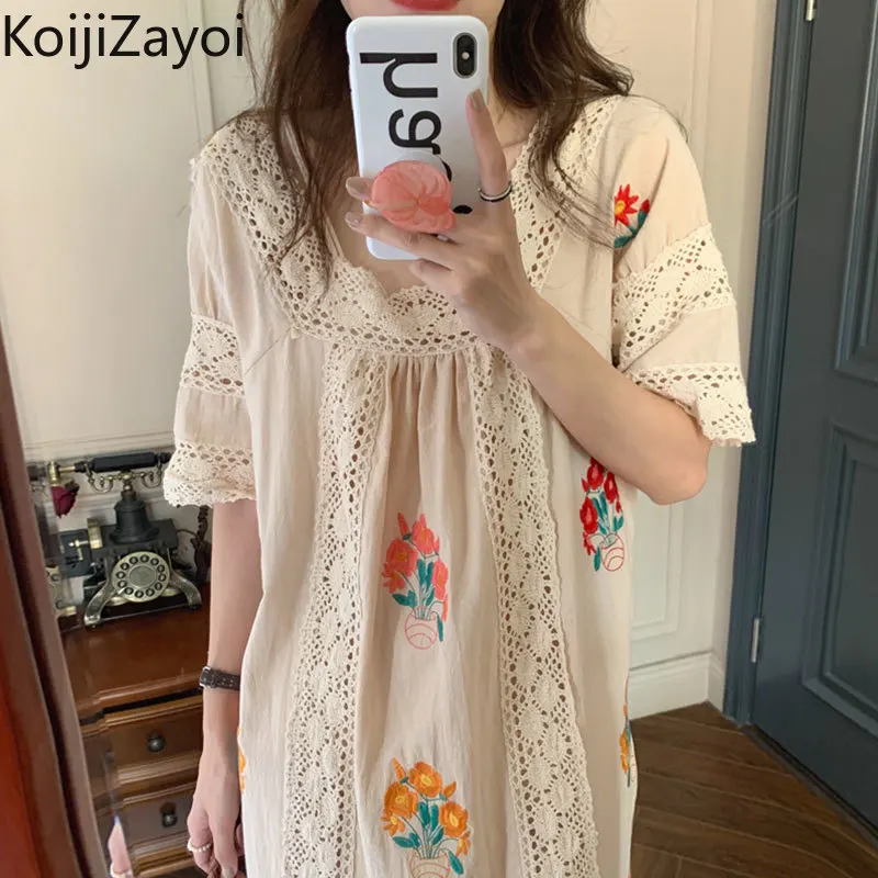

Летнее элегантное женское кружевное платье макси Koijizayoi с цветочным принтом, женское свободное платье с квадратным вырезом, кружевное плать...