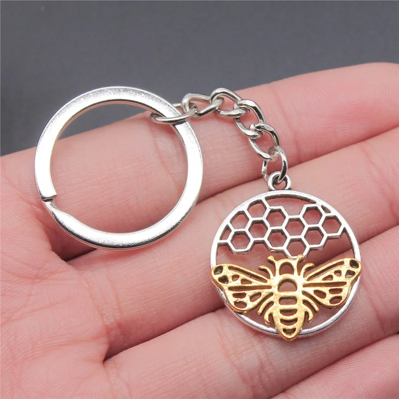 

New Keychain Gold Bee Honeycomb Honeybee Pendants DIY Men Car Key Chain Ring Holder Keyring Souvenir Jewelry Gift