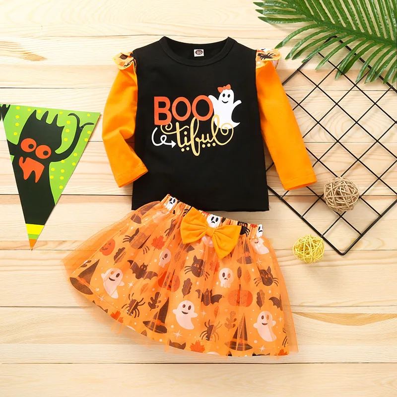 

Halloween Cosplay Clothing Suit Long Sleeve Cotton Print T-shirt+Skirt Baby Girls Clothing Set Halloween Costume Kids Suit