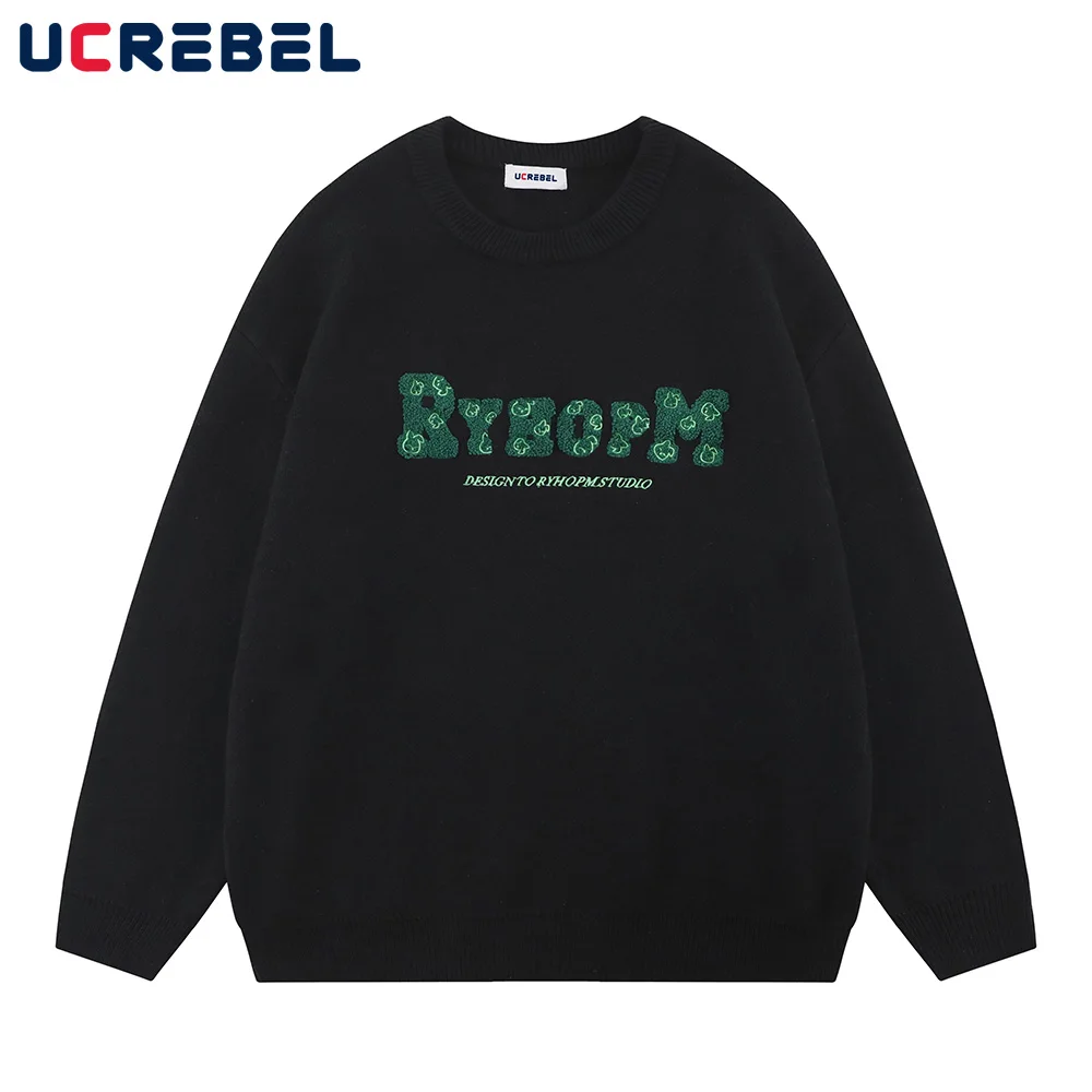 

Letter Towel Embroidery Round Neck Pullover Mens Shoulder Drop Sweater Autumn Streetwear Loose Knitted Sweater Men