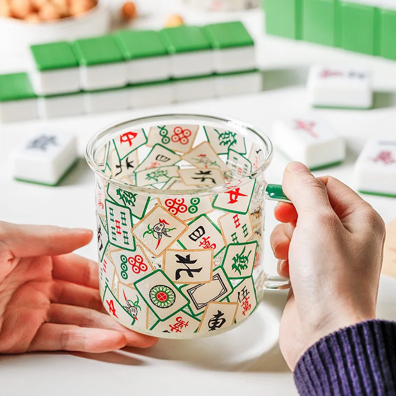 

National Style Mahjong Mug Glass Cup High Temperature Resistant Personalized Mug Water Cup Big Ear Cup Milk Cup Coffee Cup