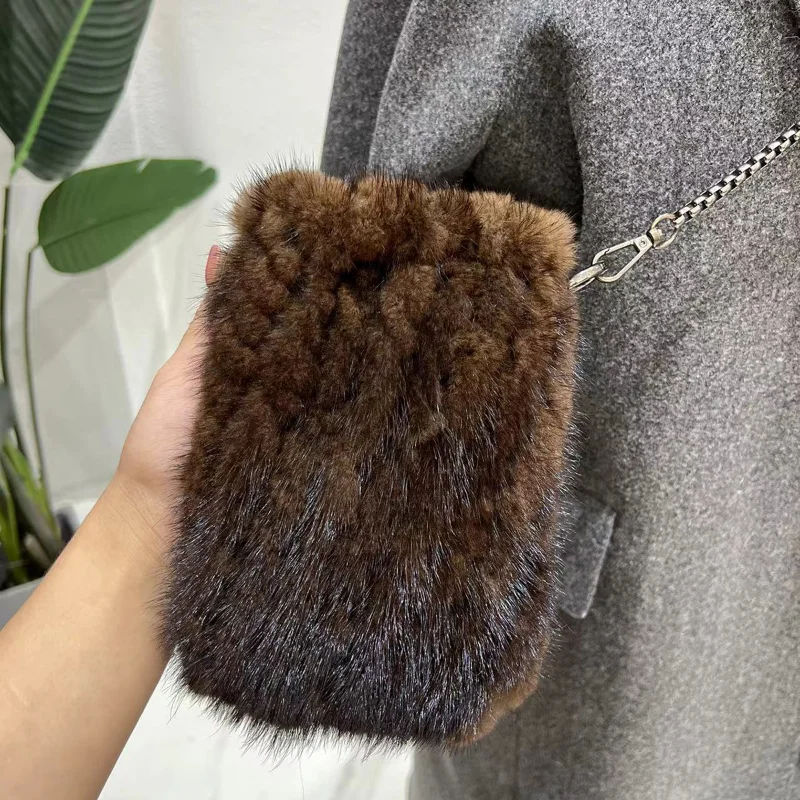Mink Wool Real Fur Bag for Woman Hand-woven Luxury Charm Retro Bucket Bags Female Chain Women's Handbag Plush Designer Warm