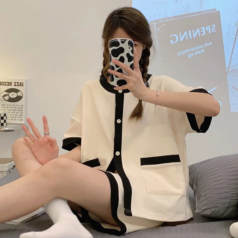 Yasuk Spring Autumn Summer Women's Casual Soft Cotton Sleepwear Pajamas Set With Long Short Pants Splicing Simple Sweet Girl 3Pc