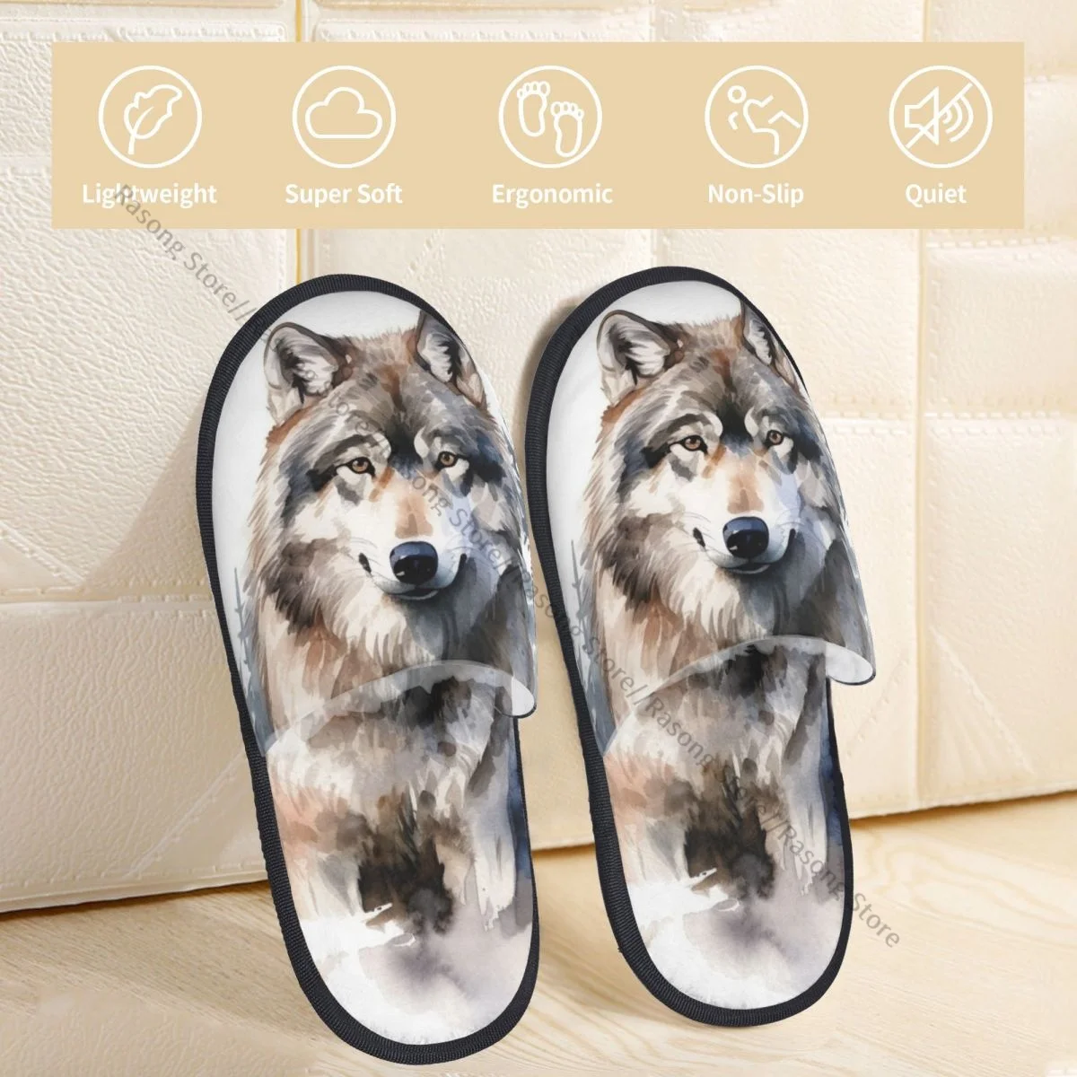 Зимние тапочки для женщин и мужчин пушистые теплые домашние с волком в лесу обувь