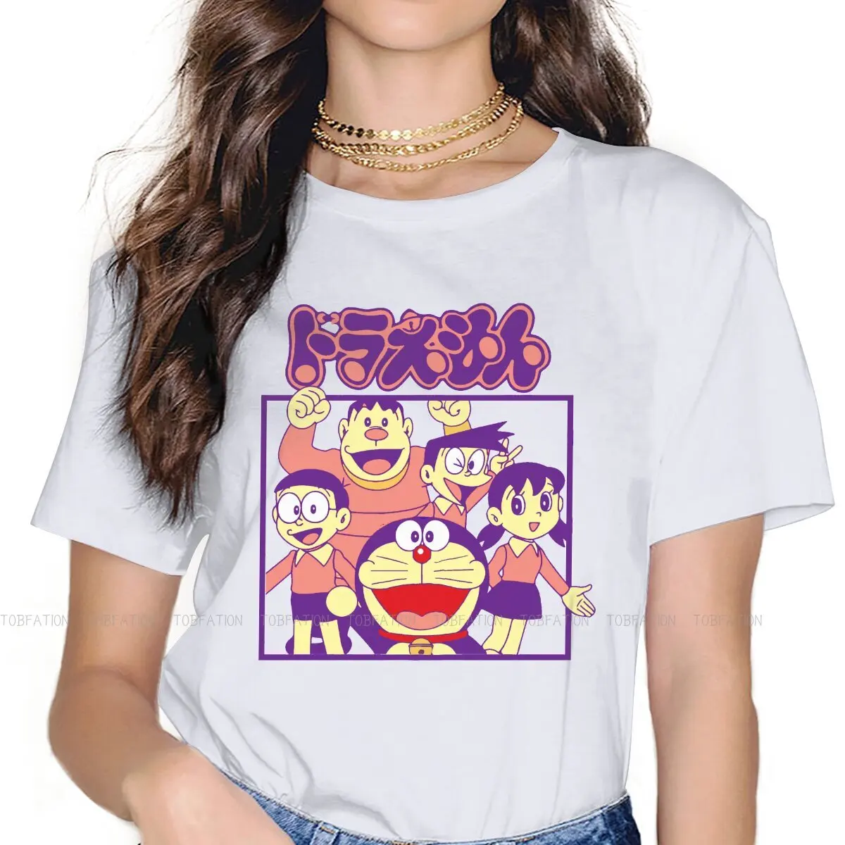 

Squad Women's T Shirt Doraemon Cartoon Girls Tees Kawaii O-neck Tops Basic Tshirt 5XL Oversized Hipster