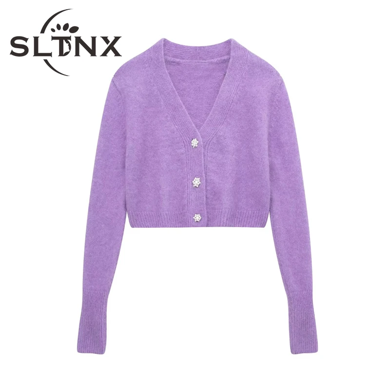 

Свитер SLTNX, Женский Зимний вязаный Укороченный кардиган 2022, Женские однотонные Топы с длинным рукавом и V-образным вырезом, Женский винтажны...