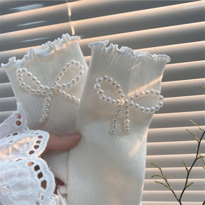 

2022 New Products White Black Maid Girls Pearl Bow Top Socks Leggings Sexy JK Cotton Stocking College Style Girls Cute Short