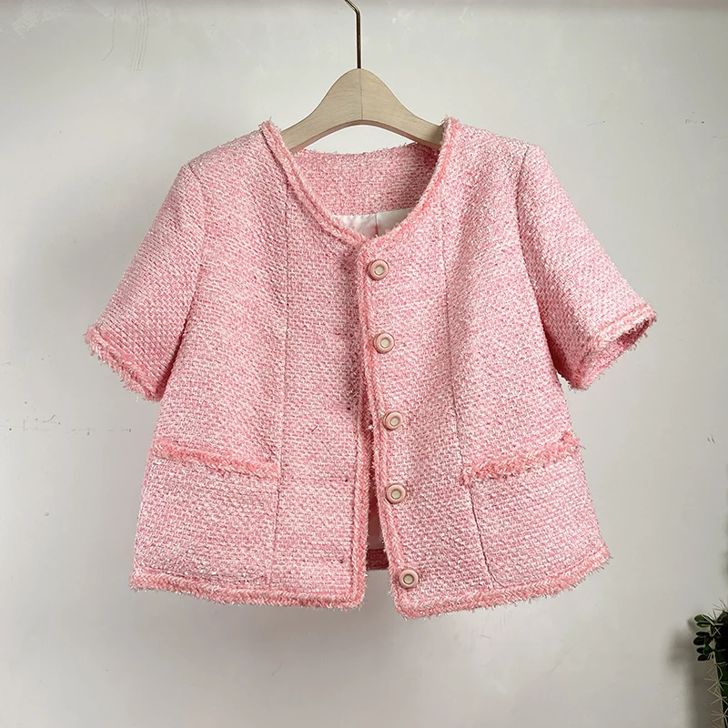 

Small Fragrant Female Pink Summer Coat Women Short Sleeve New Round Collar Tassel Tweed Casua Simple Jacket