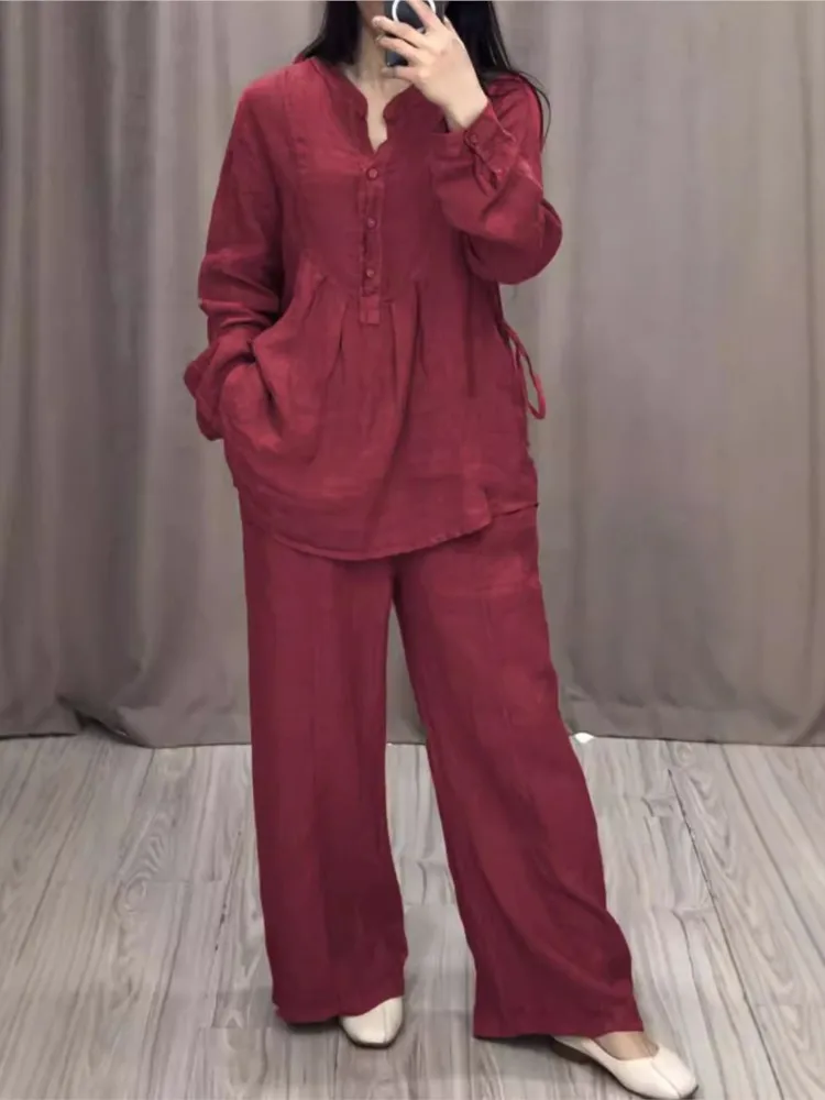 Простые однотонные брюки женские комплекты с длинными рукавами и пуговицами