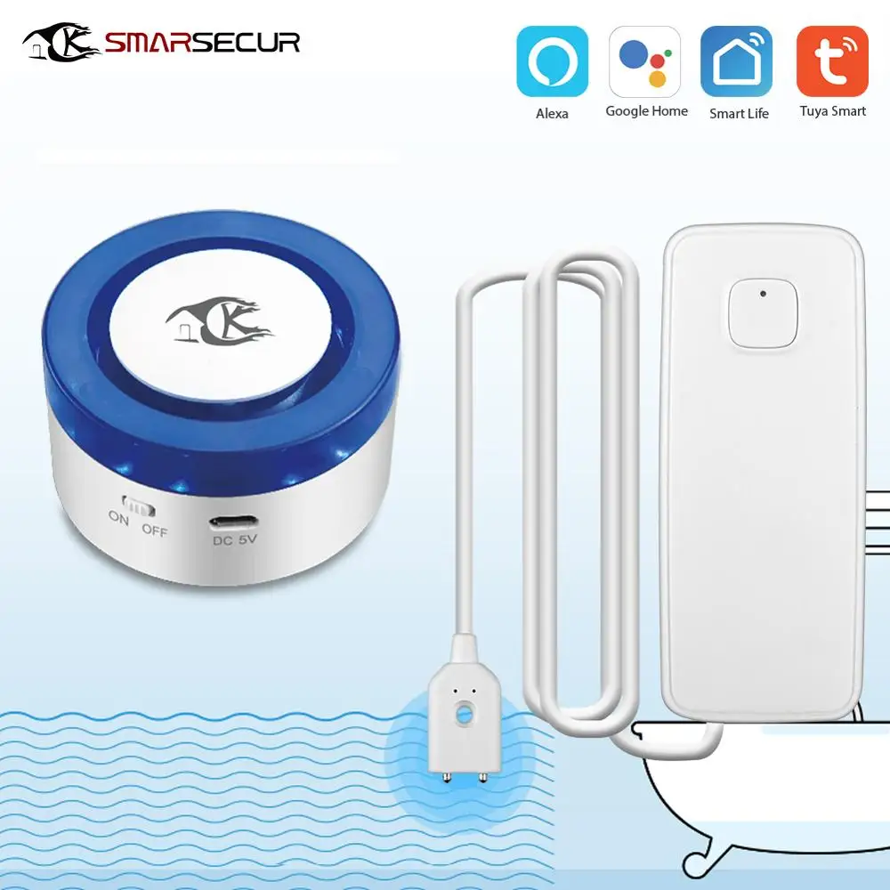 

Умная сирена SMARSECUR для домашней охранной сигнализации с Wi-Fi, смарт-сирена Tuya с Wi-Fi, детектор утечки воды