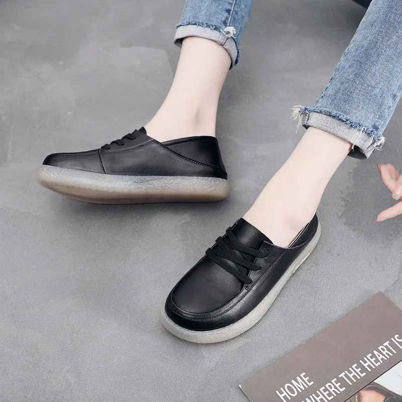 Little White Shoes Women's Flat Leather Spring 2023 New Nurse Shoes British Style Handmade Mom Shoes Large Size Single Shoes