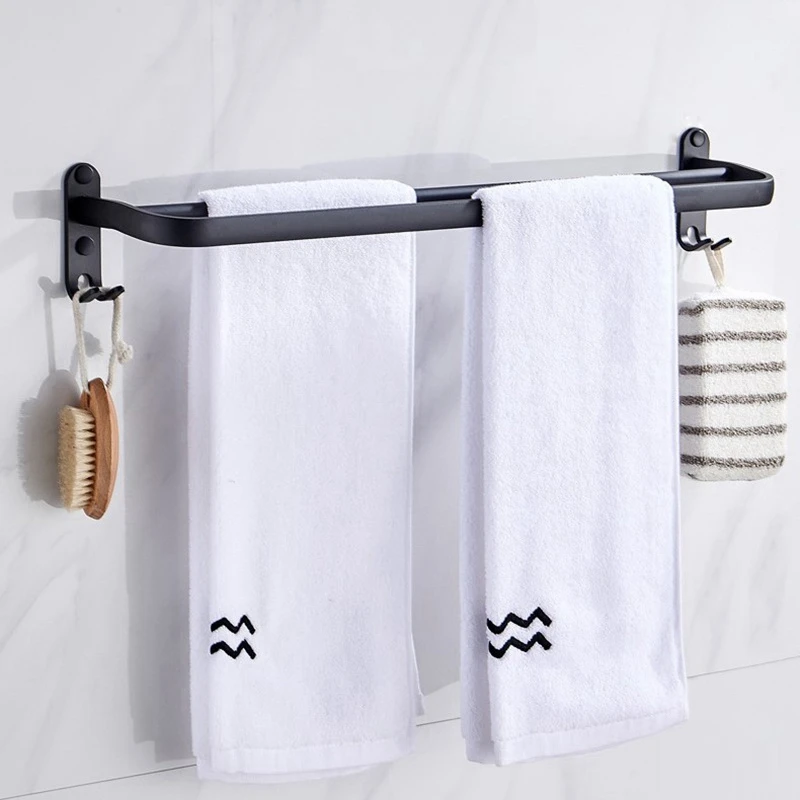 

3X 60 Cm Wall Mount Black Towel Rack Aluminum Double Rod Towel Bar With Hook For Home Hotel Bathroom Shower Accessories