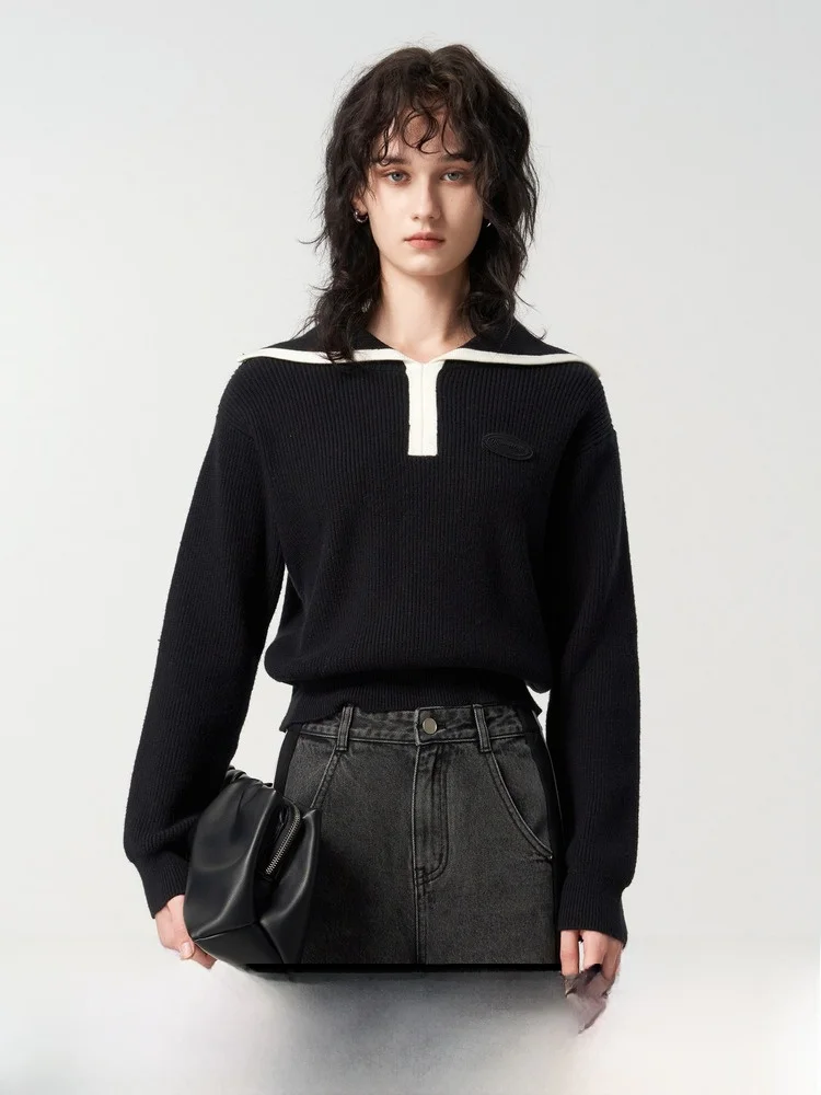 U/Ti черный повседневный свитер контрастного цвета с большими лацканами для