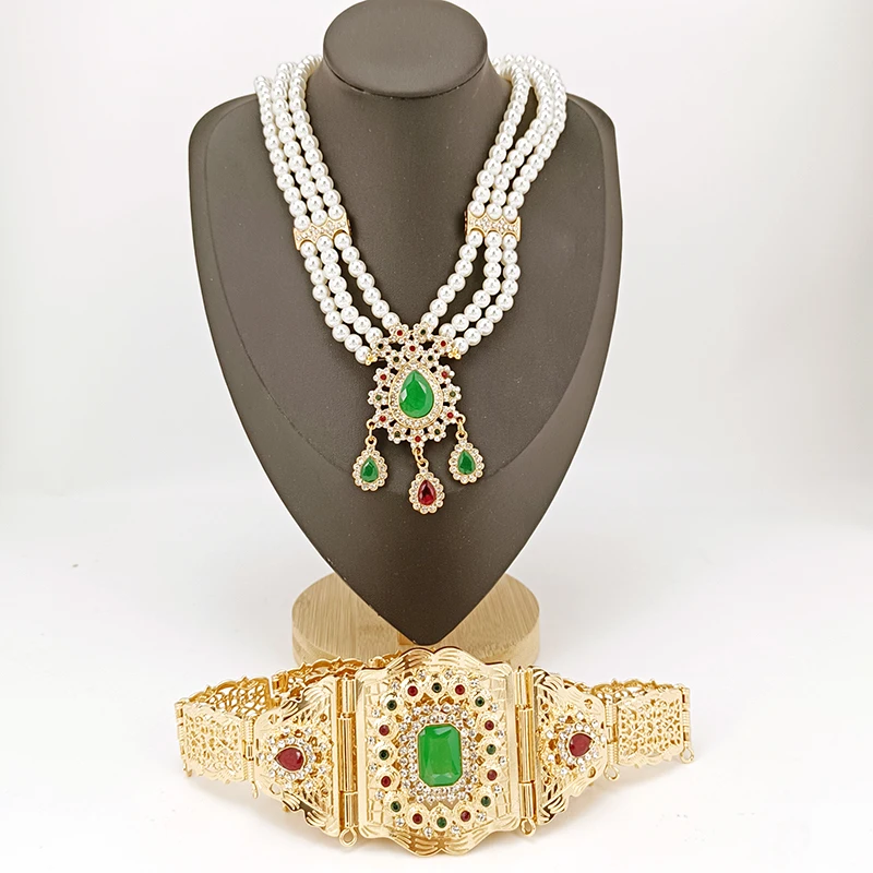 

Exquisite Moroccan Wedding Waist Chain Fashionable Green Red Rhinestone Female Pearl Necklace Set Girlfriend Gift