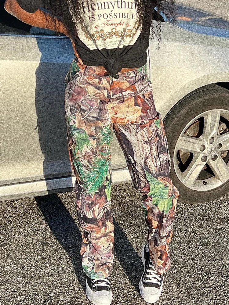 Sifreyr Camouflage Mid Waist Cargo Pants Women Leaf Printed Pockets Loose Fashion Casual Pants Bottoms Y2K Streetwear Sweatpants