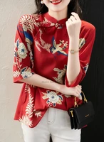 2022 chinese traditional blouse female flower print satin blouse improve female vintage traditional clothes oriental tang suit