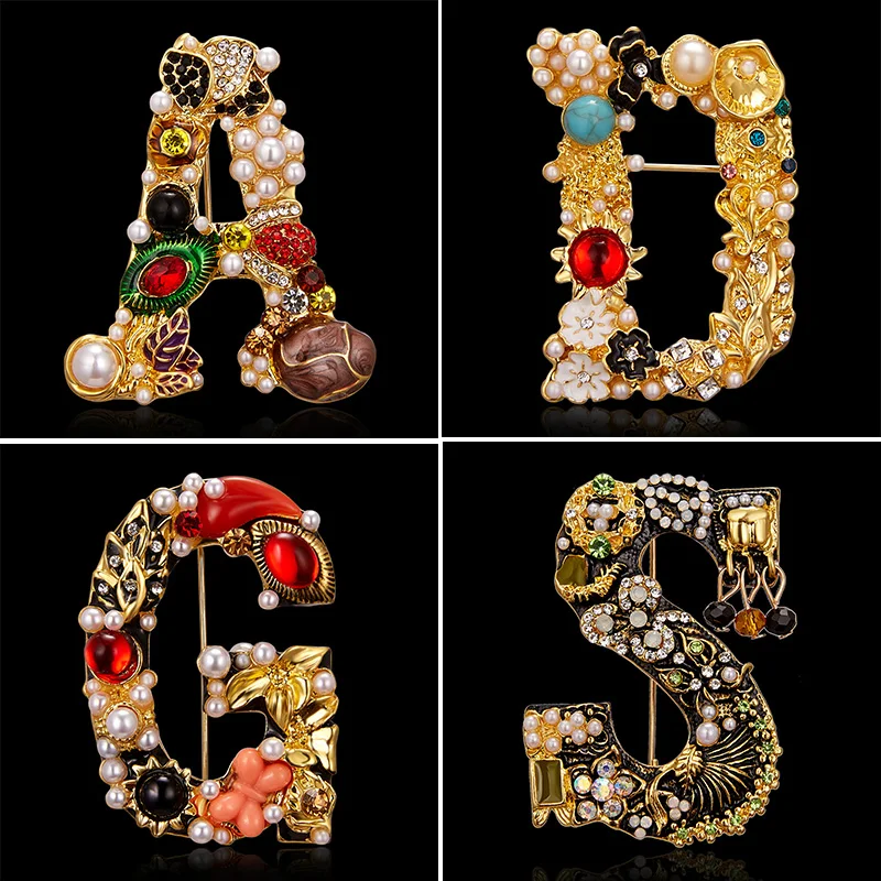 

Elegant 26 Letters A D G S Letter Brooches for Women Rhinestone Pearl Enamel Flower Sweater Scarf Suit Brooch Pin Female Jewelry