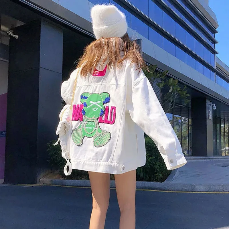 Women Lovely Cartoon Bear Decal Denim Jackets Fashionable Street Style Jacket For Girls High-quality Women's Fashion Coat