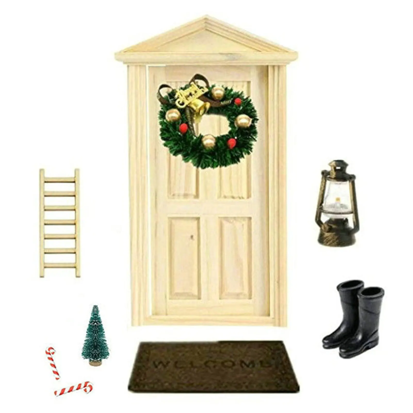 

10pcs Vintage Lantern Miniature Wood Door Wreath DollHouse Accessories Set Boots Christmas Decor DIY Carpet Ladder Broom Tree