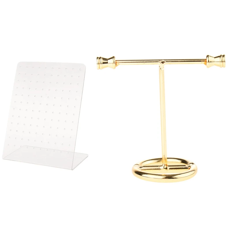 

2 Pcs Jewelry Shelf: 1 Pcs Earrings Necklace Storage Gold Color & 1 Pcs 120 Slots Holder Bracket Jewelry Storage