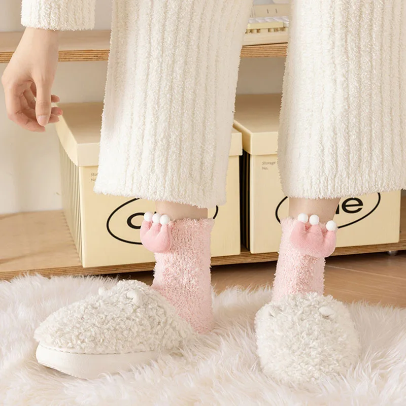 Женские Бархатные Носки Кораллового Цвета Толстые Теплые Противоскользящие