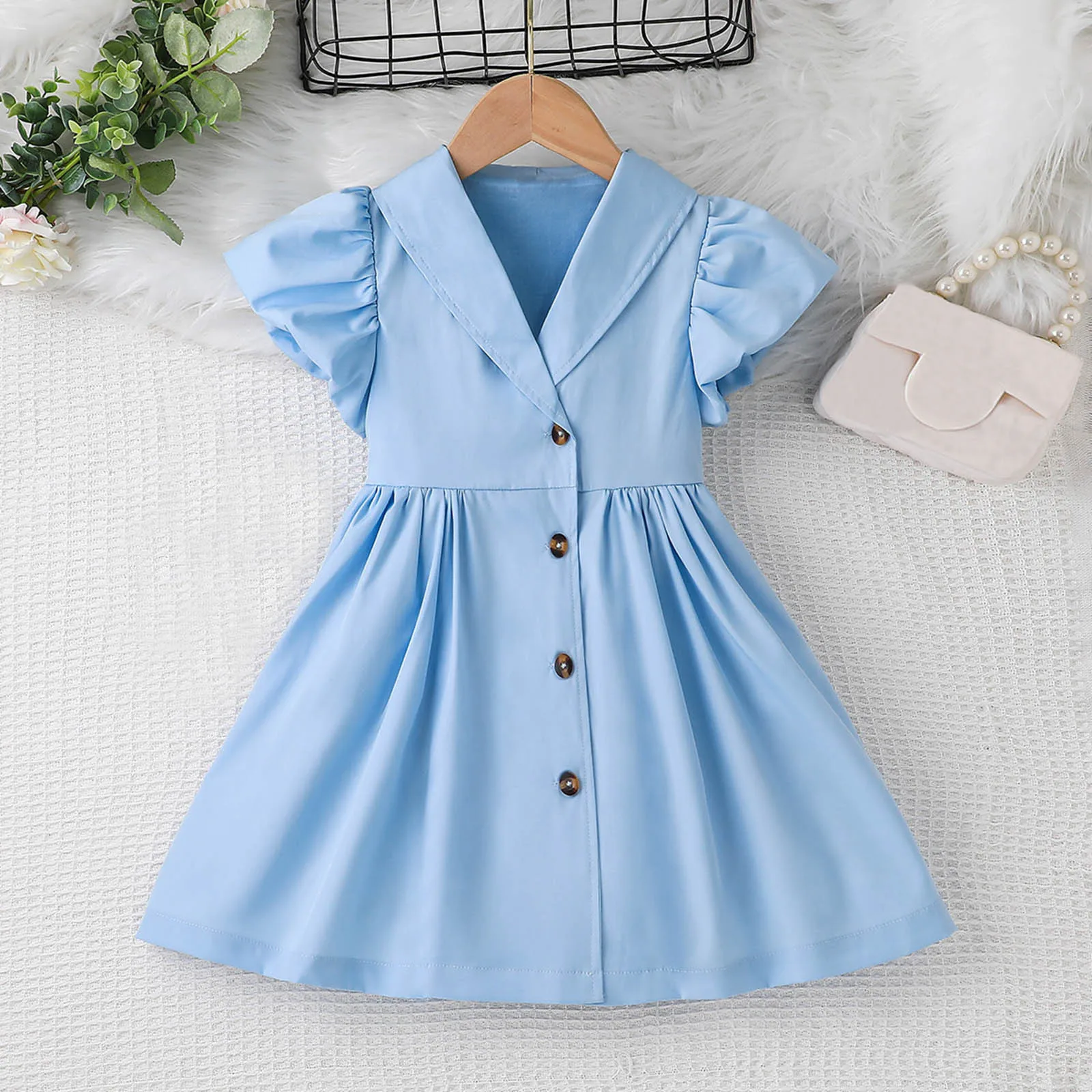 

Летнее однотонное платье для девушек, элегантное платье с отложным воротником и V-образным вырезом, женская одежда, однобортное ТРАПЕЦИЕВИД...