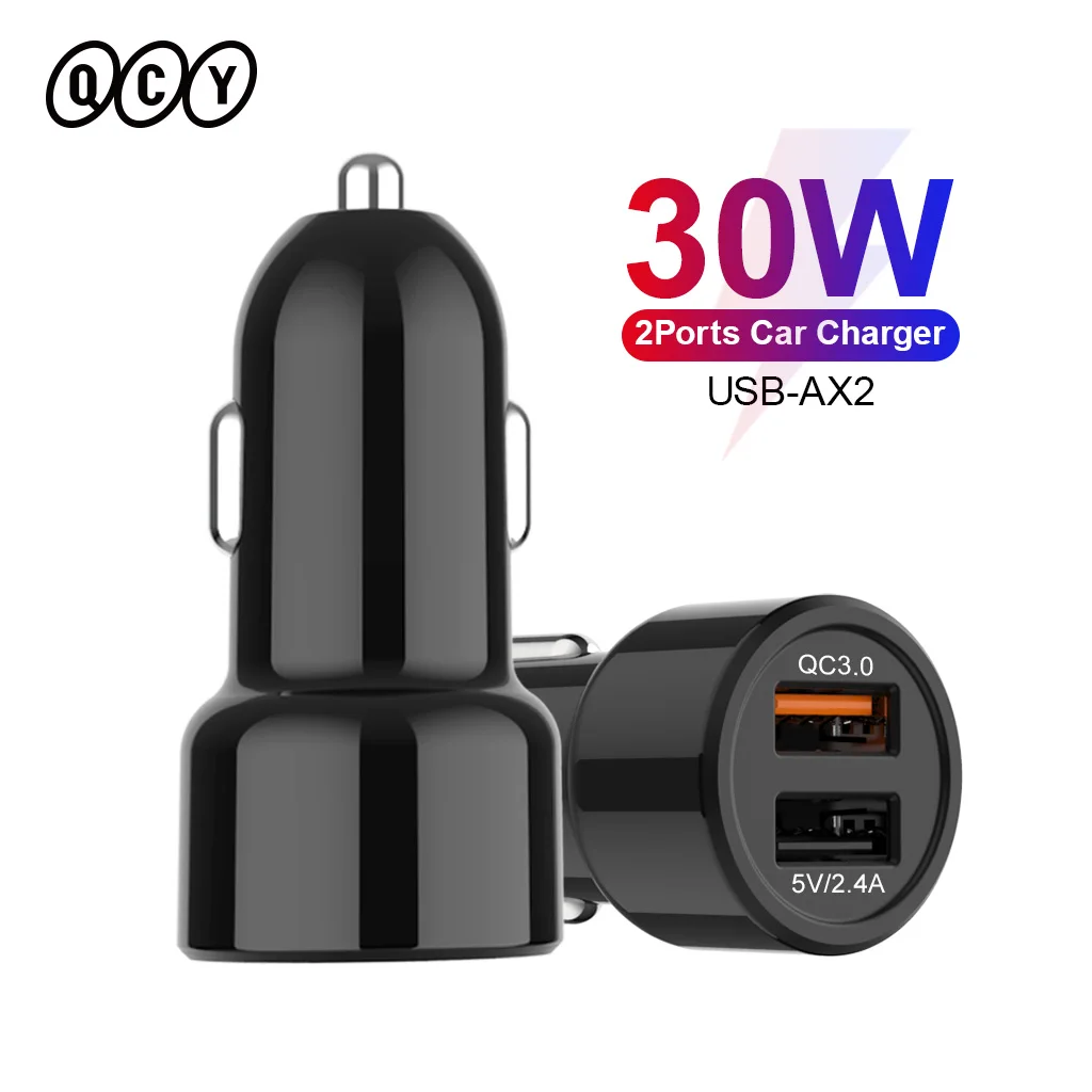 QCY 30W Dual Port Quick Car Charger QC3.0 Metal Shrapnel Car Adapter for iPhone13 12 Pro Huawei Xiaomi Samsung Fast Car Charger