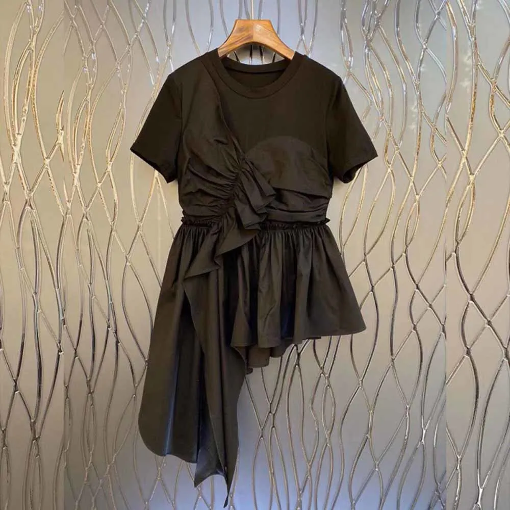 

2022 Patchwork Ruffle Woman's T-shirt O Neck Summer Tees EelegantShort Sleeve Ruched Asymmetric 3XL Casual Shirt Female Fashion