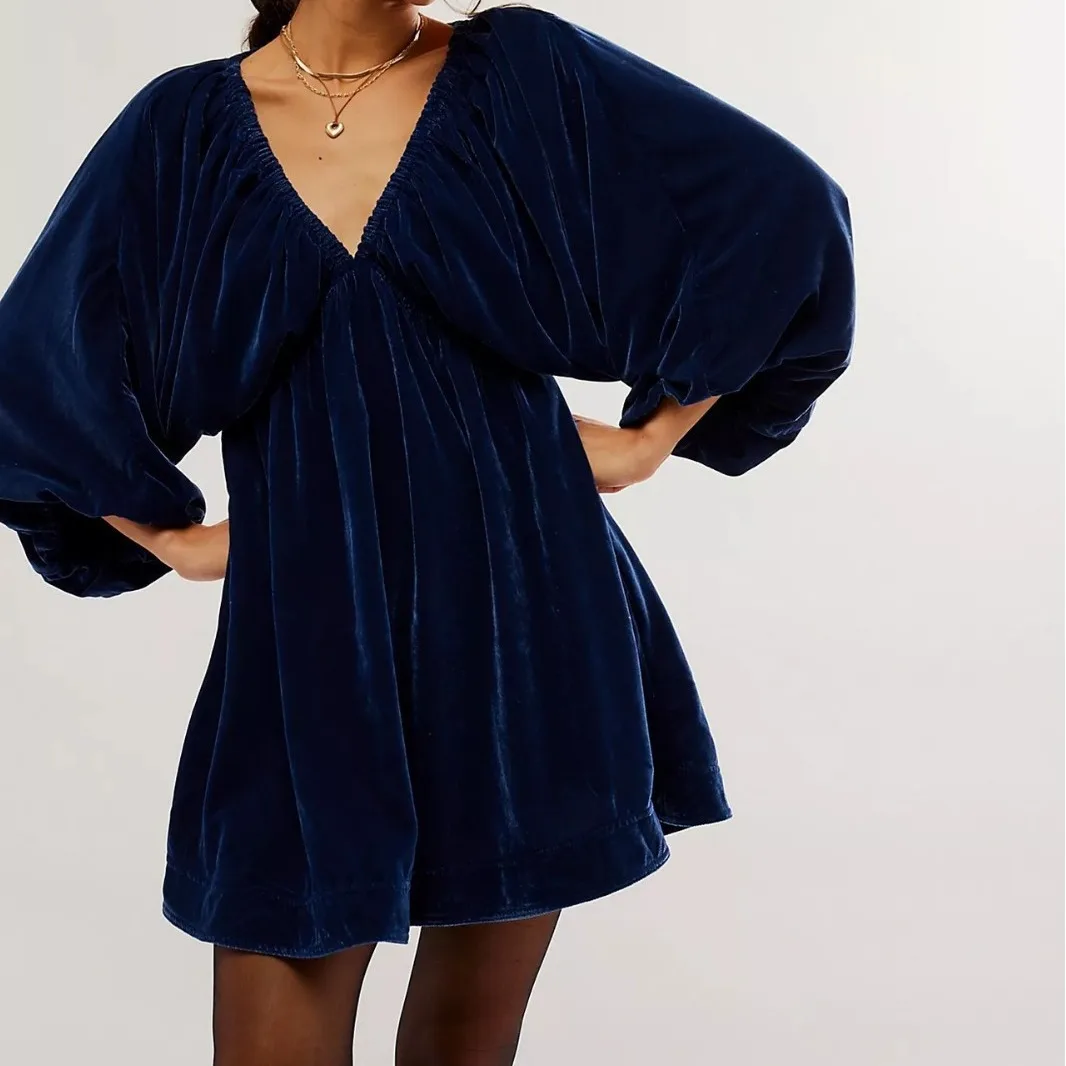 Женское бархатное свободное платье ретро с V-образным вырезом Осеннее Новое