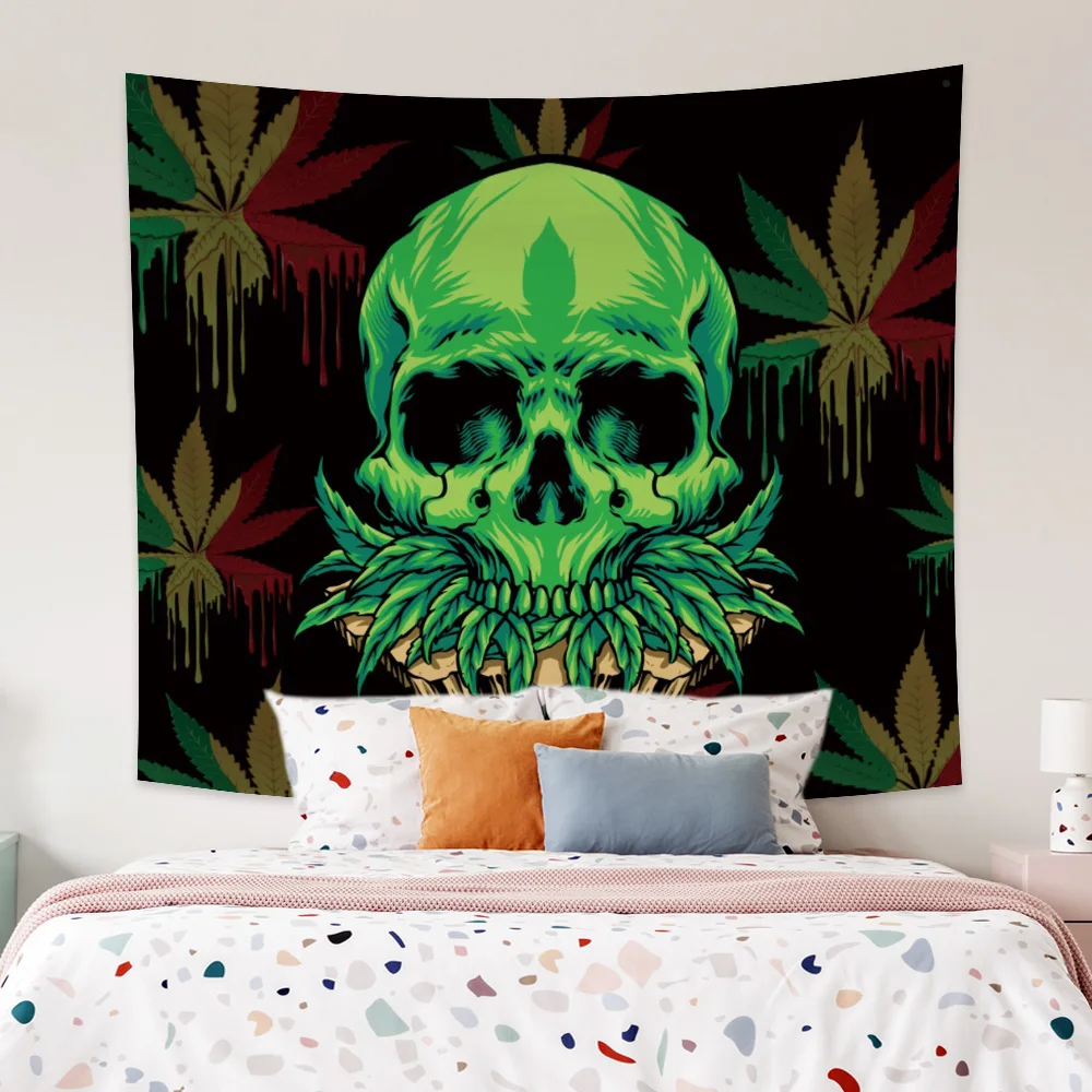 

Psychedelic Witchcraft Skull Moon Tapestry Maple Leaf Print Wall Hanging Black Mandala Tapestry Backdrop Carpet Cloth Home Decor